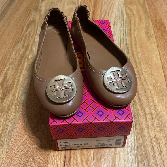 EUC Tory Burch Minnie Travel Ballet Flats - Royal Tan and Gold - Size 7.5 - Picture 9 of 11